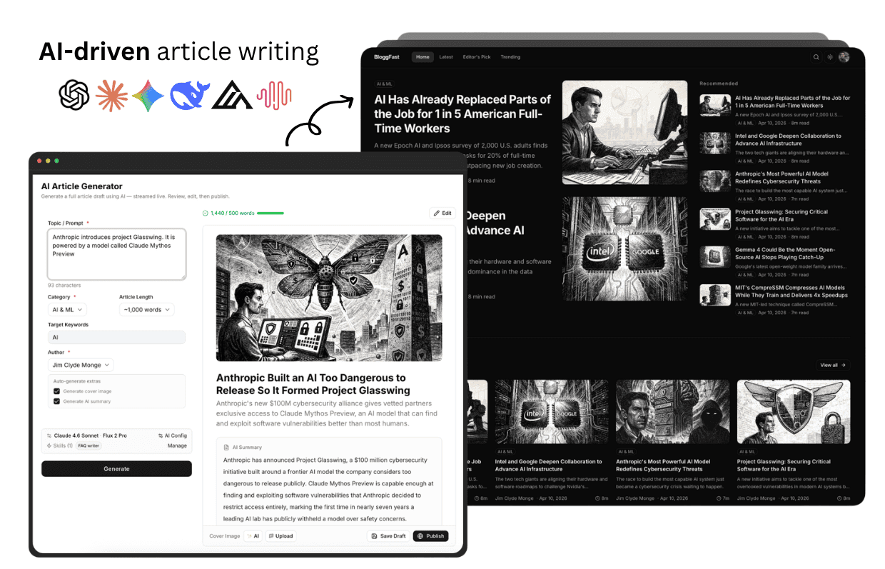 Preview of the AI article generator and generated blog homepage
