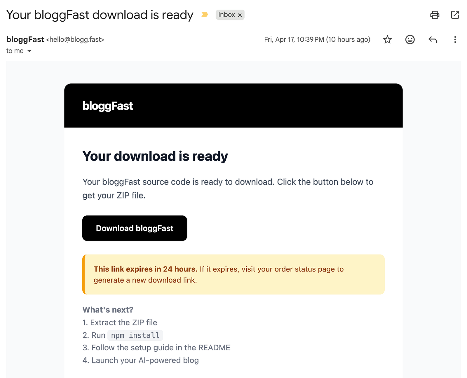 Email containing download link for the Starter plan