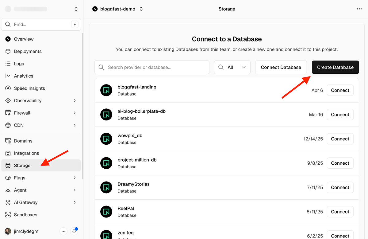 Create Database with Neon in Vercel Storage