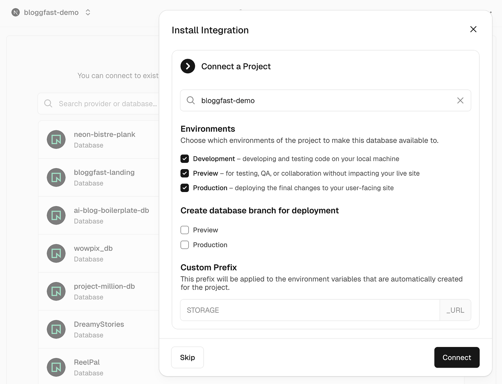 Database setup environment selection