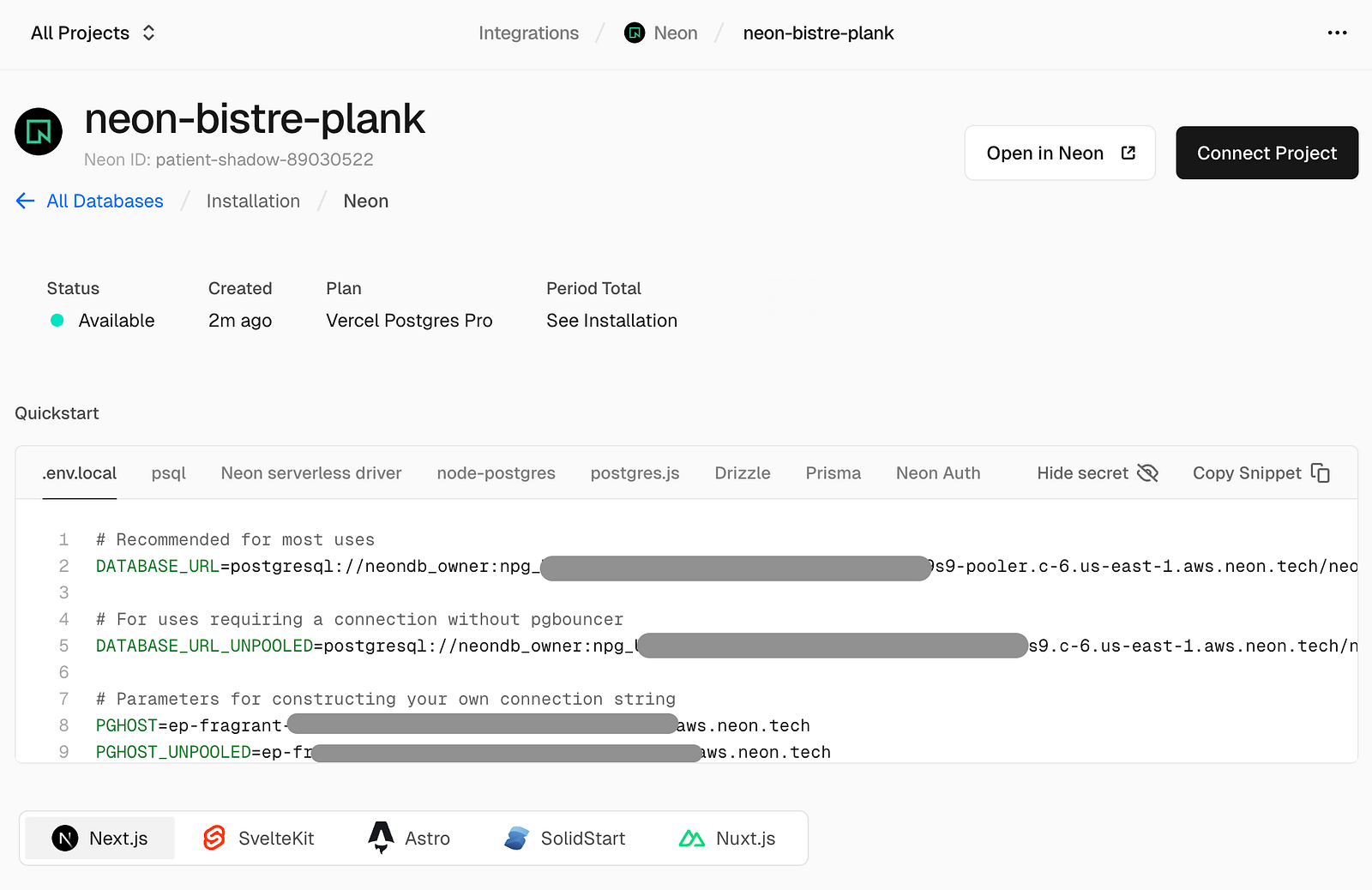 Neon dashboard showing database environment variables
