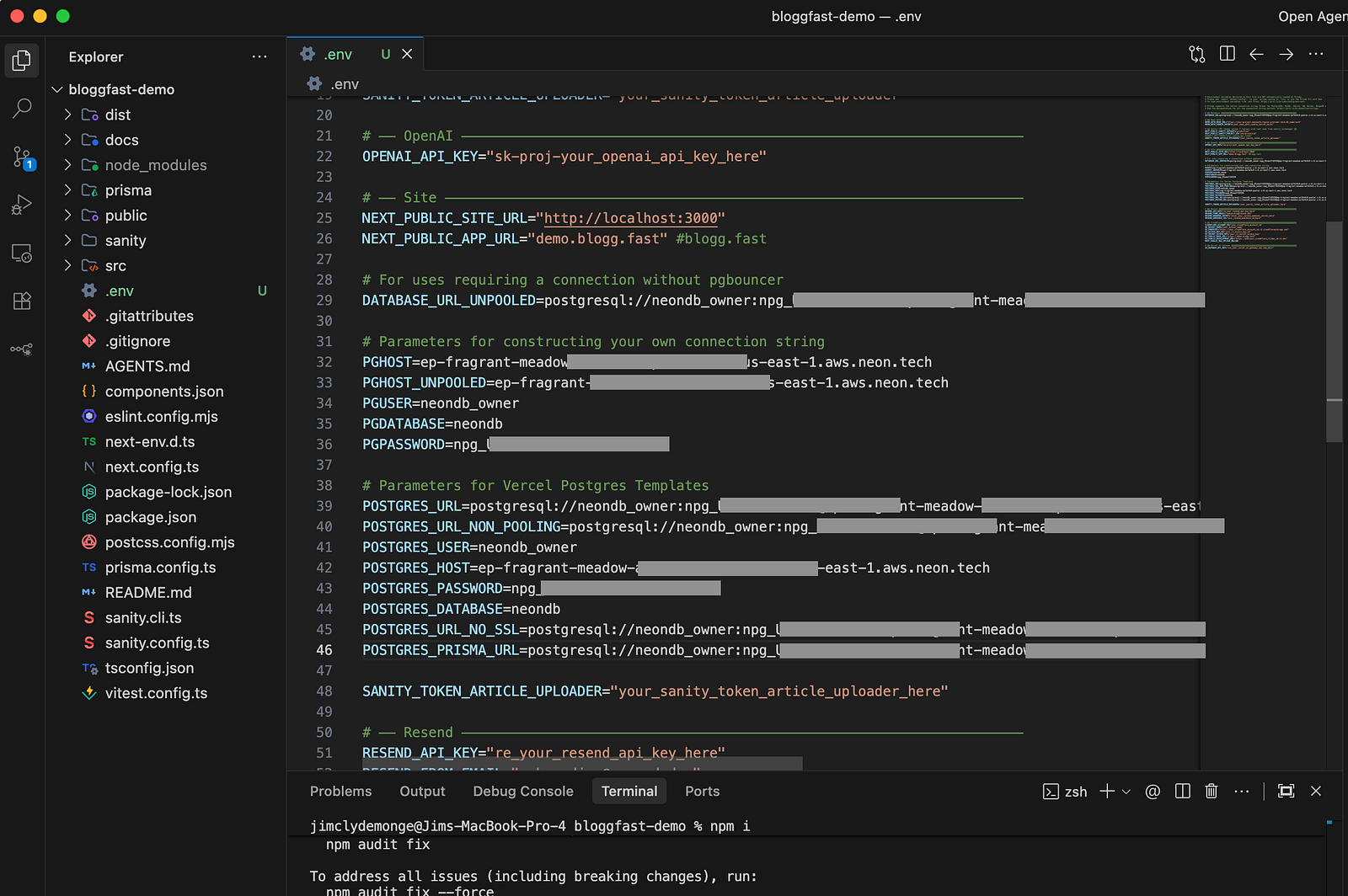 Updating .env with Neon connection strings