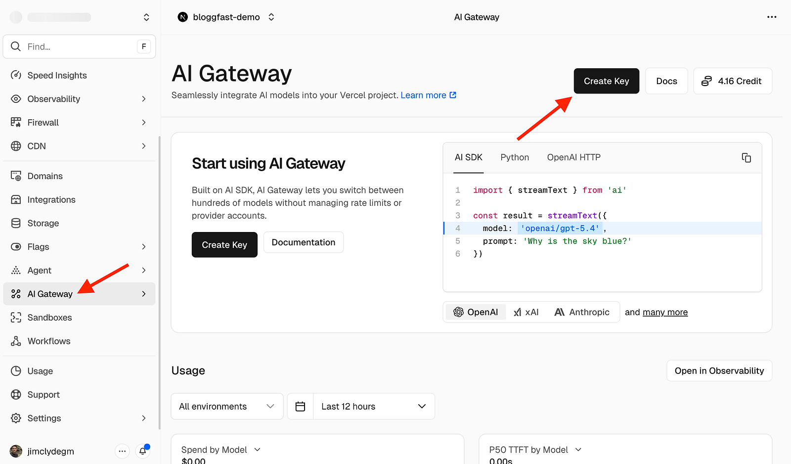 Creating Vercel AI Gateway API key