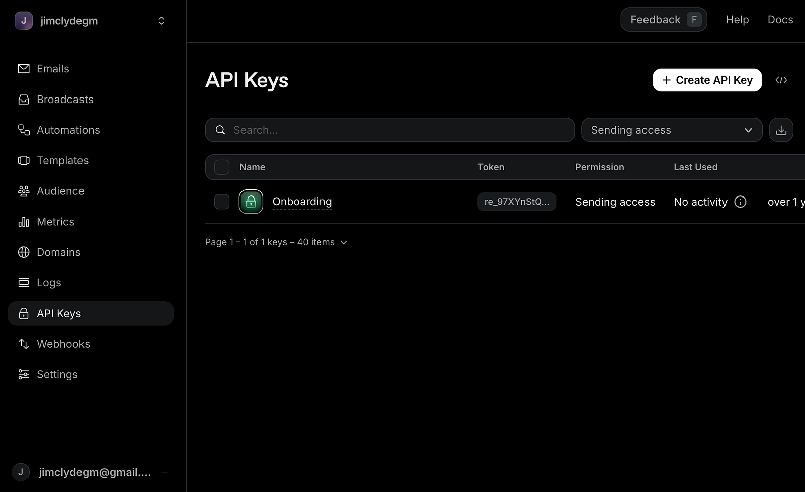Resend API key creation
