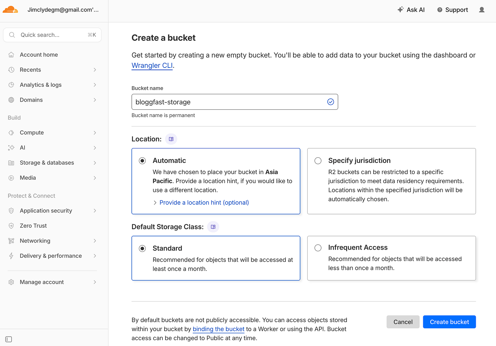 R2 bucket settings location and storage class