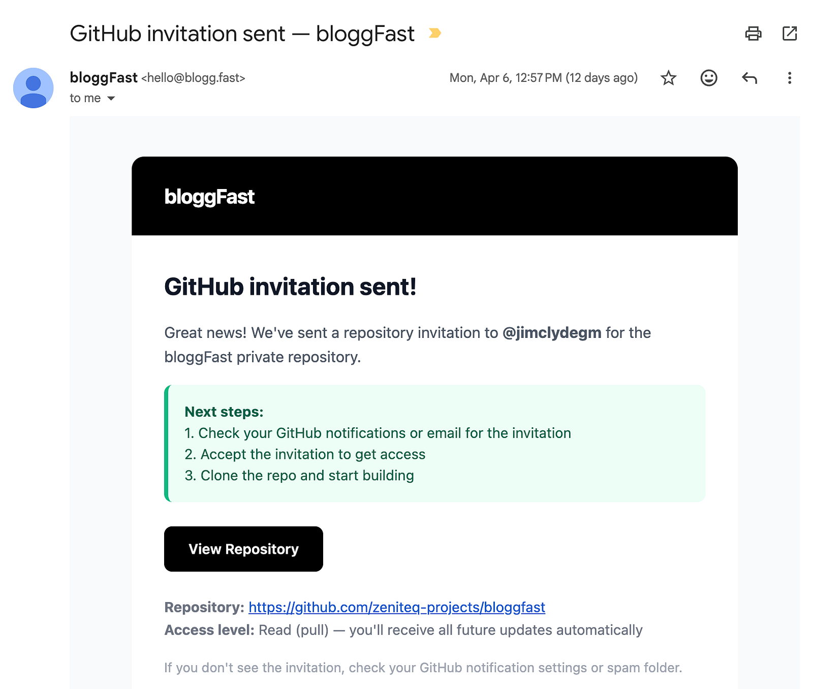 GitHub repository invitation email
