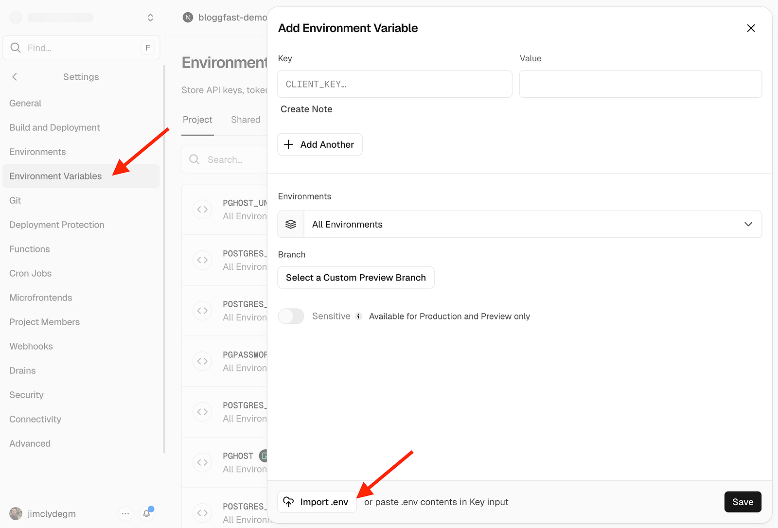 Importing environment variables to Vercel