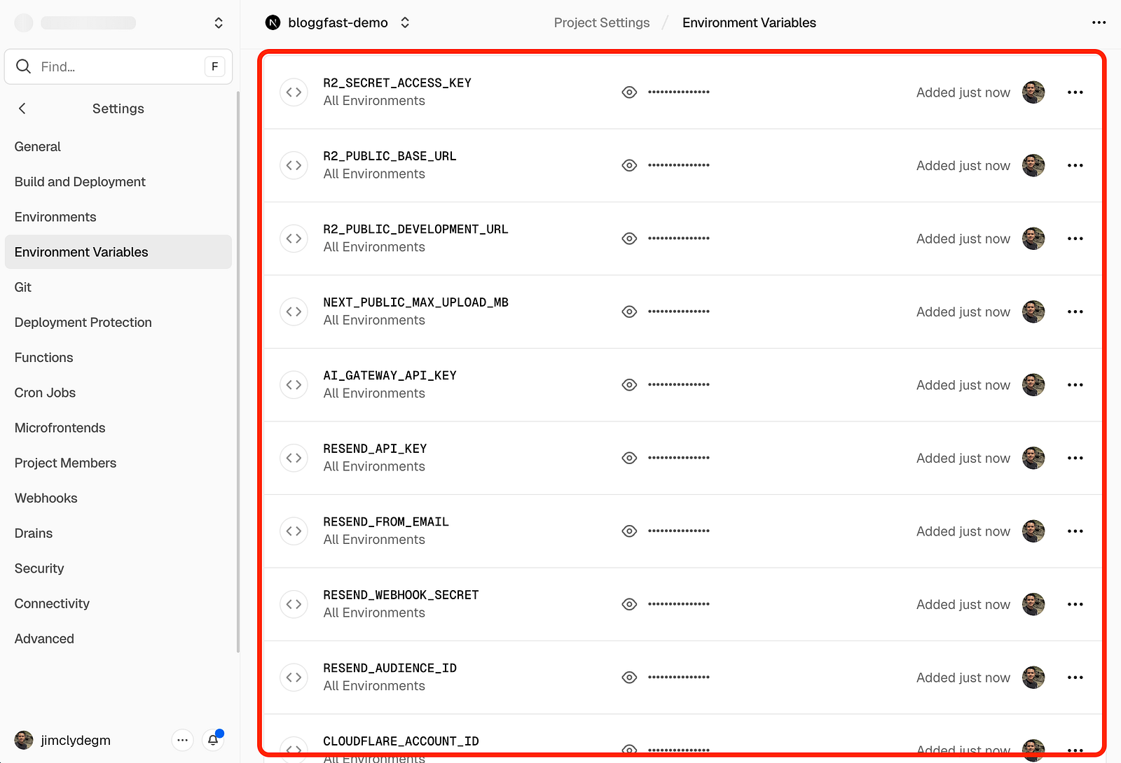 Vercel environment variables saved successfully
