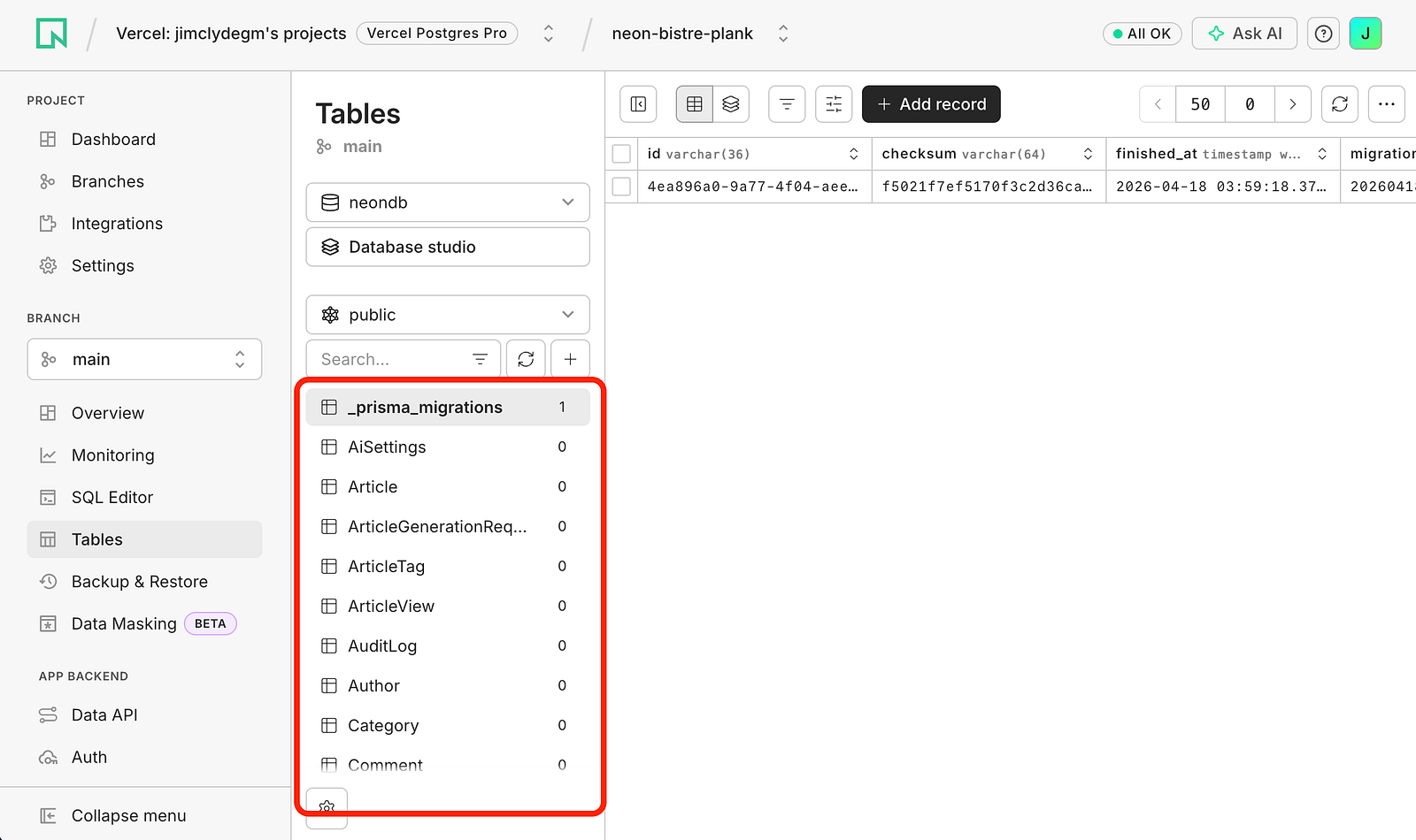 Neon Tables dashboard