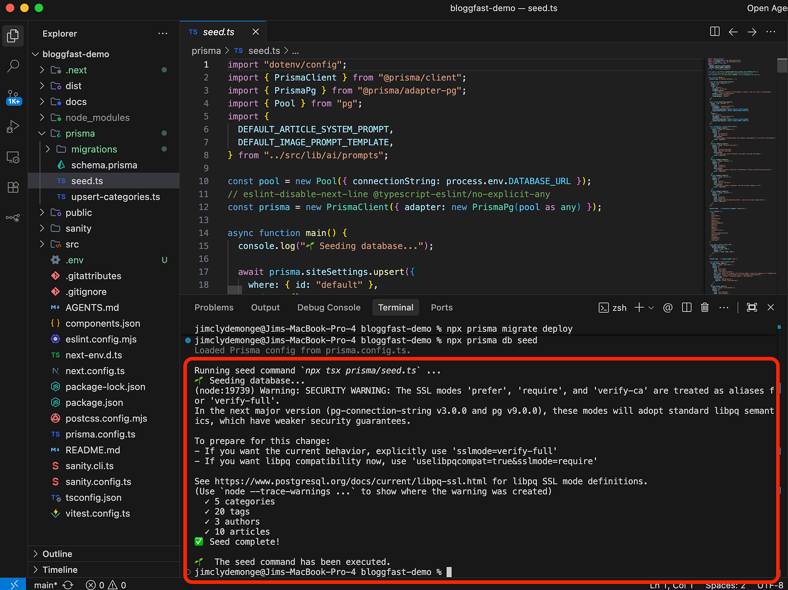 Running Prisma database seed command