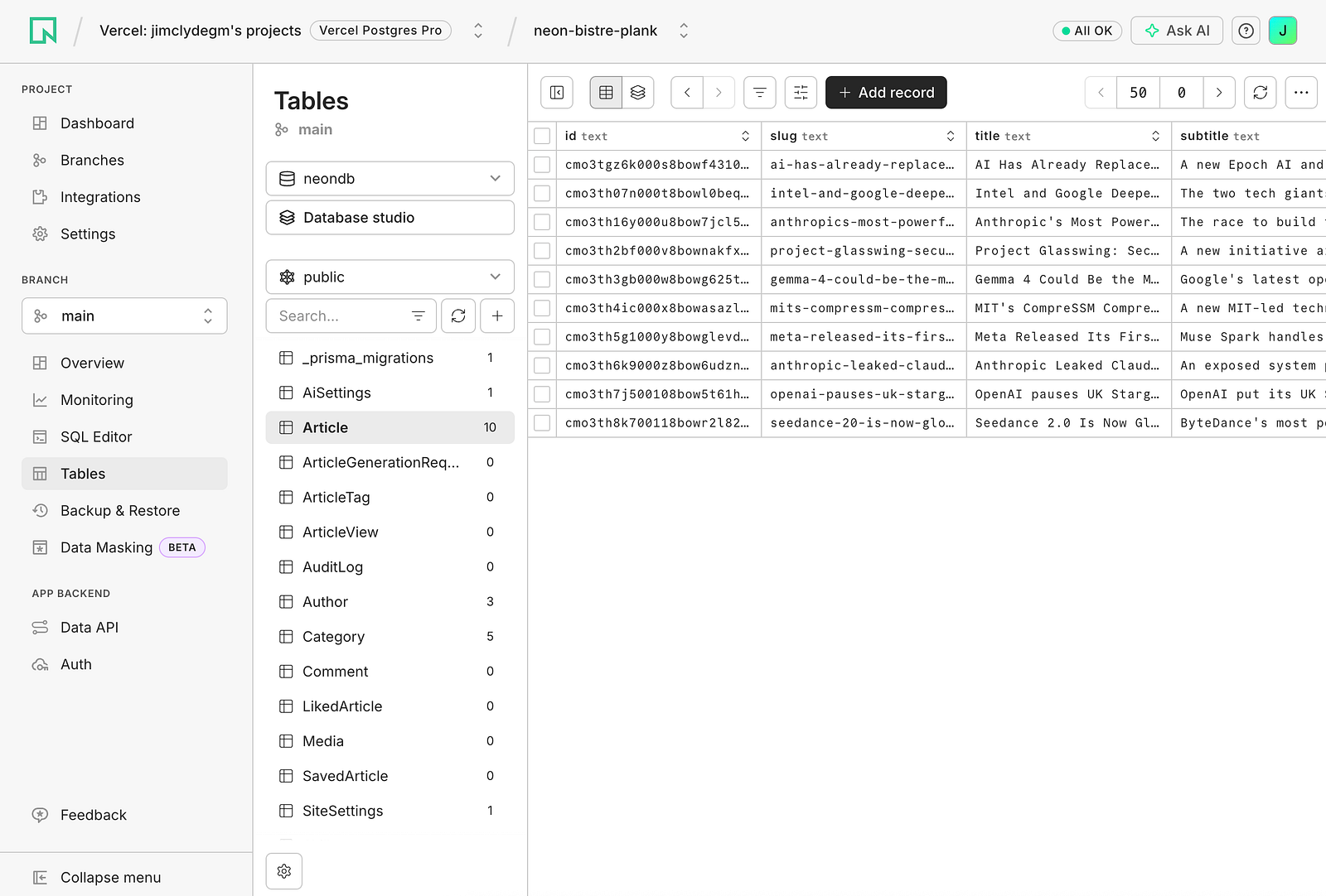 Populated remote database in Neon