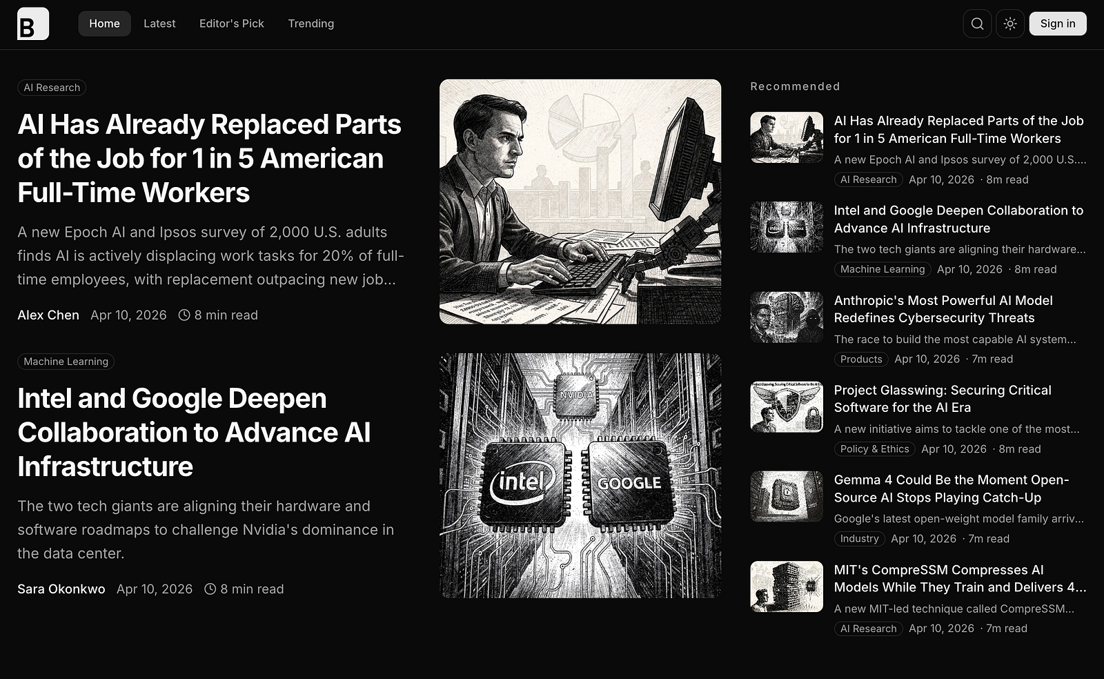 BloggFast dashboard in dark mode
