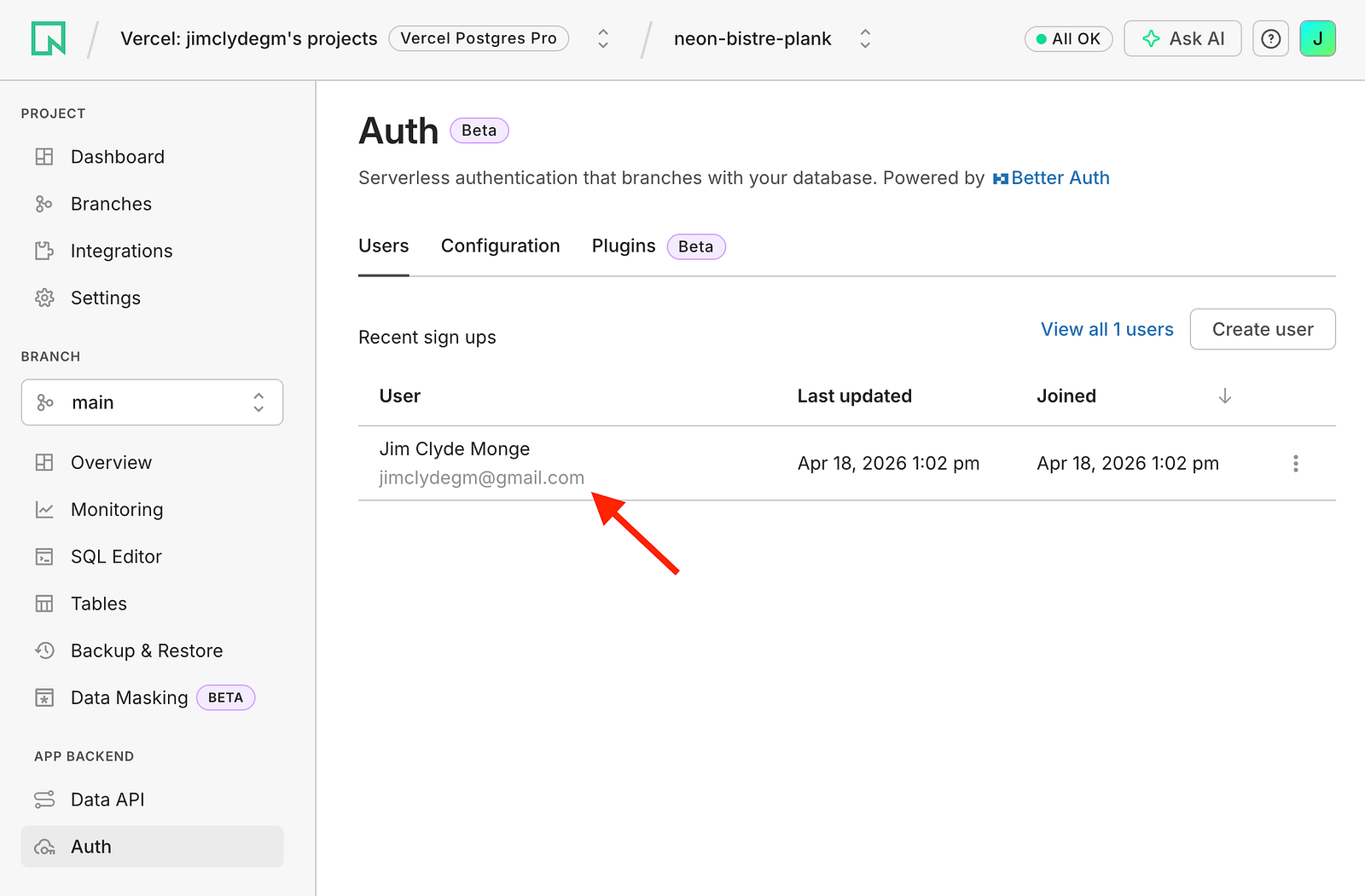 Neon Auth dashboard showing active session