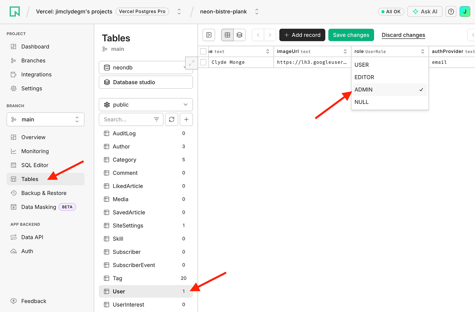 Change user role to ADMIN in the database
