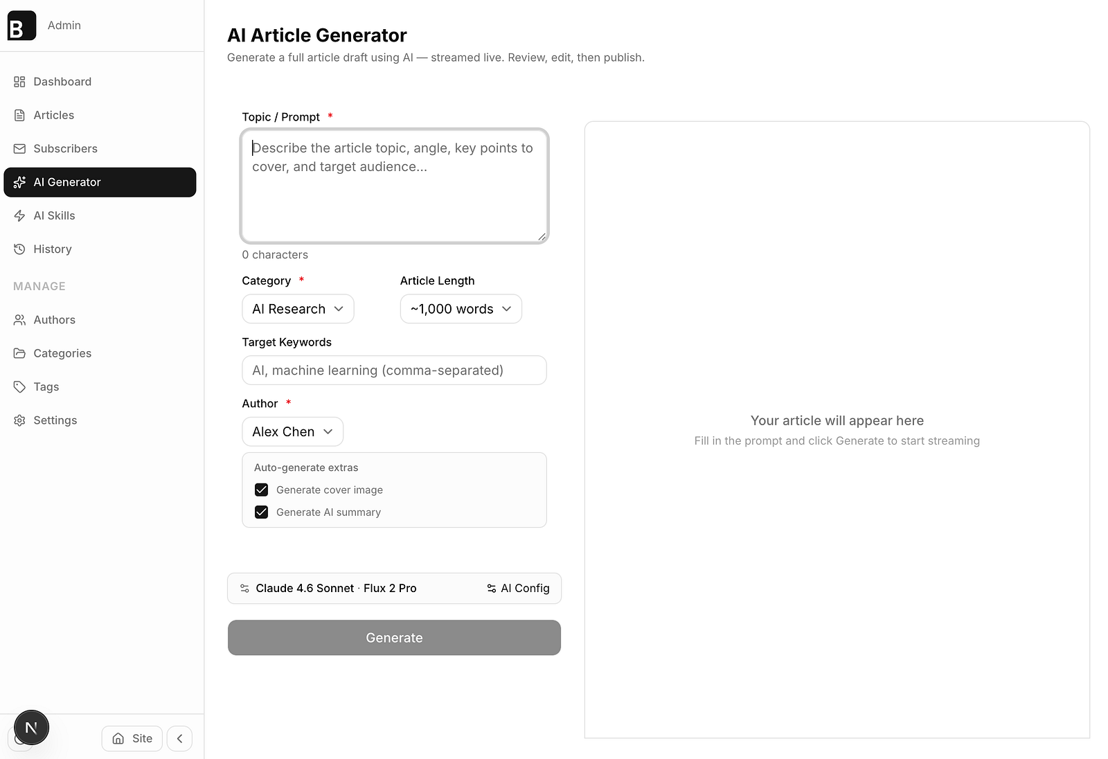 AI Generator tab in Admin dashboard