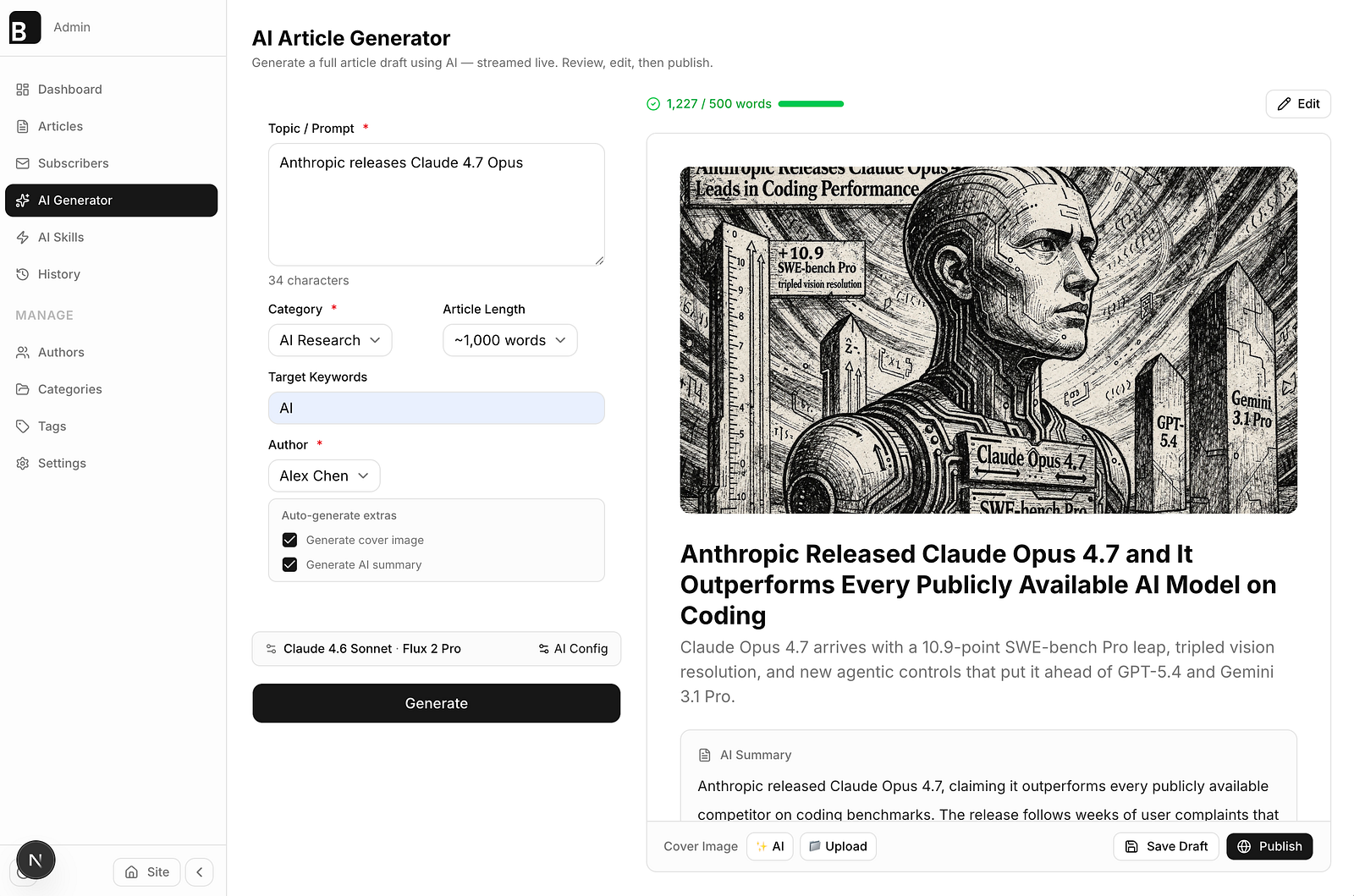 Creating a sample article with AI Generator