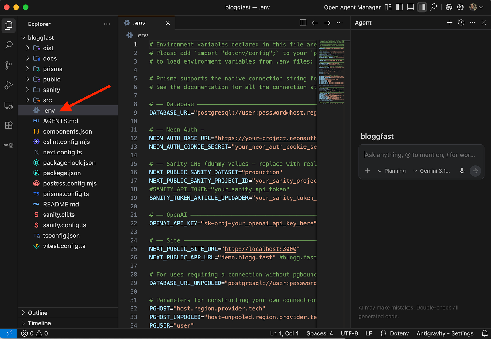 Renaming the env.example file to .env