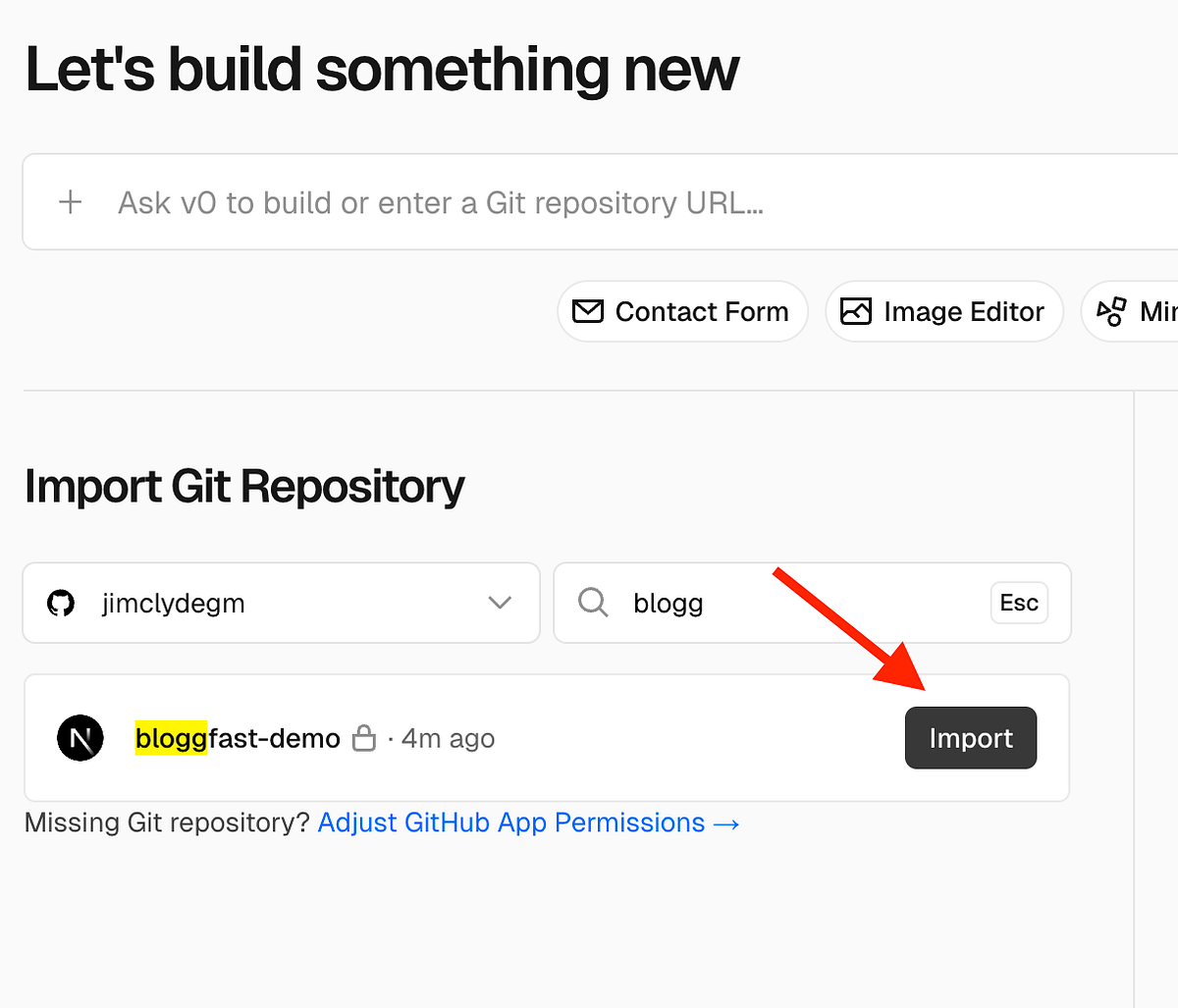 Import project button in Vercel